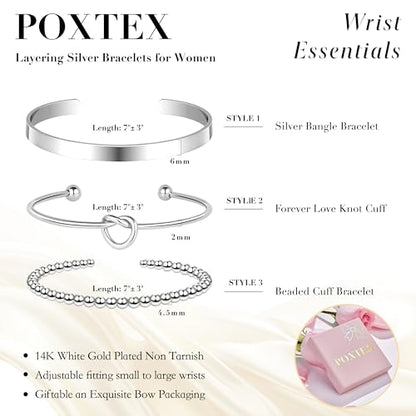 925 Sterling Silver Bracelets for Women Stack, Trendy Tennis Bangle Cuff Jewelry Set 14K Gold Plated, Adjustable Bracelet Set for Wrist Essentials, Women Fashion Watch Band Acecessories - style: Bracelet_3pcs_06(Silver Cuff Set)