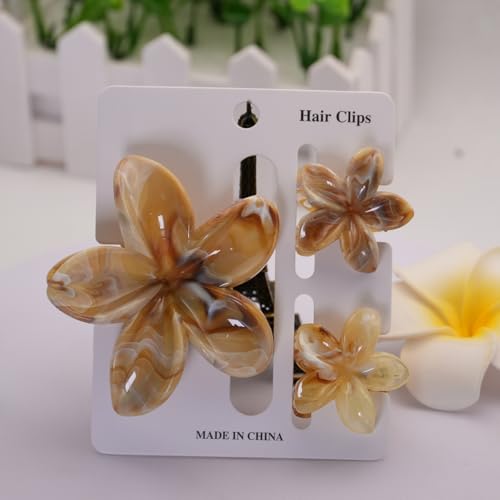 Flower Hair Clips for Women Girls Claw Clips Set Ginger-Yellow Plumeria with Marble Design Barrettes Summer Hair Clip Fashion Hair Styling Accessories for Thick Thin Hair(3Pcs:1Large 2Small) - color: Ginger-Yellow