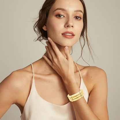 YBMYCM 5PCS Gold Chunky Bangles Bracelets for Women | 14k Gold Plated Stackable Layered Curved Bamboo Tube Stretch Bracelets Bangle Gift Jewelry - color: 3pcs G-8mm