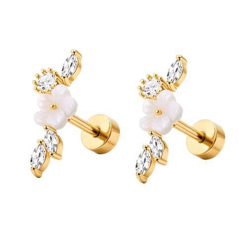 Stainless Steel Flower Pearl CZ Ear Crawler Earrings for Women, 1 Pair 16G Mother of Pearl Cubic Zirconia Screw Back Flat Back Stud Earrings, Dainty Sparkly Hypoallergenic Jewelry for Sensitive Ears - color: Gold