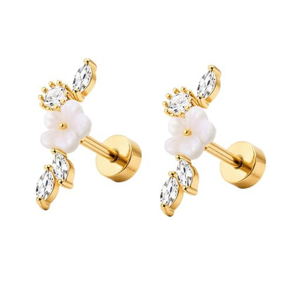 Stainless Steel Flower Pearl CZ Ear Crawler Earrings for Women, 1 Pair 16G Mother of Pearl Cubic Zirconia Screw Back Flat Back Stud Earrings, Dainty Sparkly Hypoallergenic Jewelry for Sensitive Ears - color: Gold