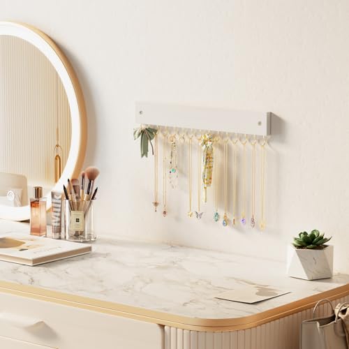Lolalet Wooden Necklace Holder for Wall with 15 Hooks -Goldwhite | Wall Mount Jewelry Hangers for Necklaces, Chains, Bracelets and Earrings, Tangle-free, Easy to Install - color: Goldwhite