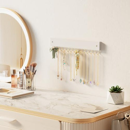 Lolalet Wooden Necklace Holder for Wall with 15 Hooks -Goldwhite | Wall Mount Jewelry Hangers for Necklaces, Chains, Bracelets and Earrings, Tangle-free, Easy to Install - color: Goldwhite