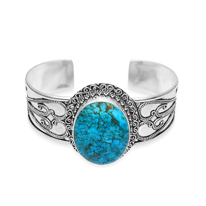 Silver Plated Statement Cuff Bangle Bracelet for Women – Handcrafted Wide Boho Bracelet with Natural Stone Inlay (Abalone Shell, Blue Turquoise, Malachite) Ideal Gift For Birthday Anniversaries Adjustable Fashion Jewelry - color: Blue Turquoise