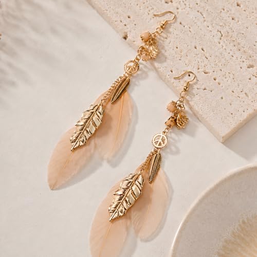 FRESHME Native American Earrings for Women - Ethnic Boho Feather Dangle Jewelry with Tessel for Birthday Party Photoshoot - color: Champagne