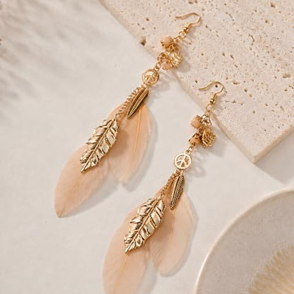 FRESHME Native American Earrings for Women - Ethnic Boho Feather Dangle Jewelry with Tessel for Birthday Party Photoshoot - color: Champagne