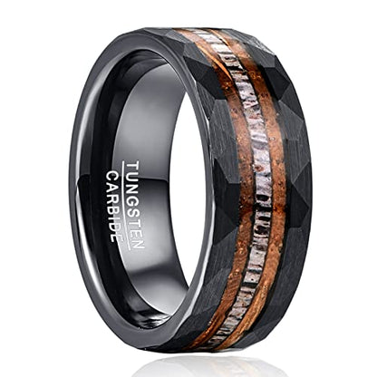 NUNCAD 8mm Tungsten Ring for Men, Black Inlaid Whisky Barrel Wood Antler Hammered Tungsten Wedding Bands Customize Engraved Ring Fit Men Women Size 7-12 - color: A-Black
