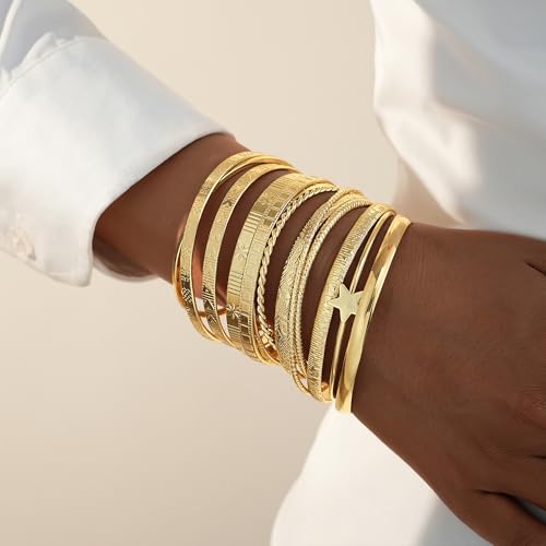 FAXHION Gold Bangle Bracelets for Women, 14 Pcs Multi Layer Stackable Bangle Set, 14K Gold Plated Textured Chunky Bracelets Boho Jewelrys Set - style: Gold B-13 pcs
