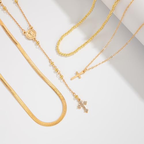 Layered Cross Necklace Set for Women, Layered Choker Necklaces Trendy Jewelry, Colorful Enamel Beaded Y-Shaped Lariat Necklace, Boho Multilayer Cross Necklace for Party and Daily Wear - color: Gold-01