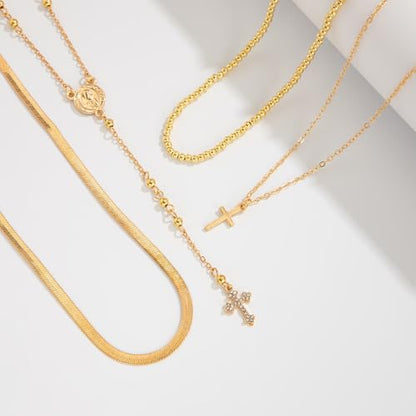 Layered Cross Necklace Set for Women, Layered Choker Necklaces Trendy Jewelry, Colorful Enamel Beaded Y-Shaped Lariat Necklace, Boho Multilayer Cross Necklace for Party and Daily Wear - color: Gold-01