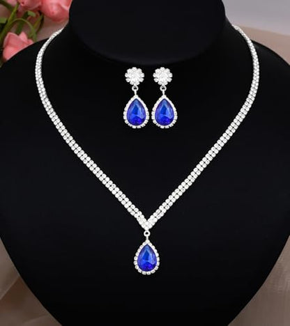 Elegant Silver Crystal Wedding Necklace Earrings Bracelet Jewelry Set for Women Brides Bridesmaids Prom Party Costume Accessory Bridal Jewelry - color: silver-royal blue