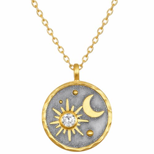 Gold Sun Moon and Stars Pendant Necklace with Birthstone Crystals as Center of Sun, Two-Tone Stainless Steel, Celestial Theme, Astrology Gift for Women, 16-20 Inch Adjustable Cable Chain - color: April Diamond