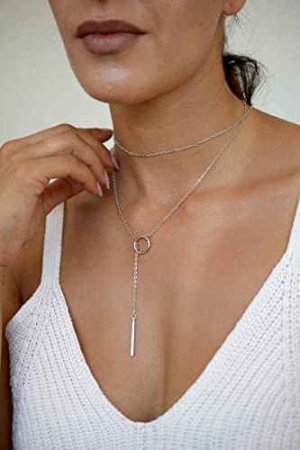 itianxi Gold Tiny Y Shaped Dainty Necklace 18K Gold Plated Cute Bar Vertical Lariat Necklace for Women - color: circle silver
