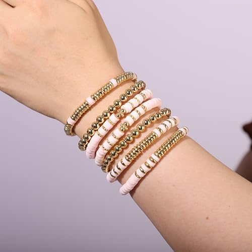 Heishi Clay Bead Bracelets Pack for Women Boho Friendship Stretch Bracelets Set Stackable Gold Beads Bracelets Jewelry for Gift - color: pink