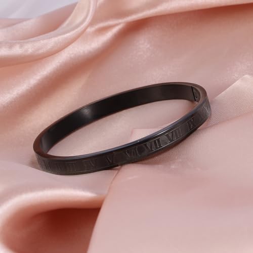 4/6/8mm Numeral Bangle Stainless Steel Engraved Unisex Bracelet Inspirational Gifts for Her - color: Black, size: 6mm