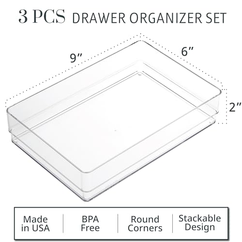 STORi SimpleSort 3-Piece Stackable Clear Drawer Organizer Set | 9" x 6" x 2" Rectangle Trays | Wide Makeup Vanity Storage Bins and Office Desk Drawer Dividers | Made in USA - size: 9x6x2"