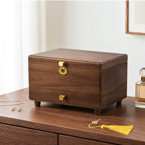 Black Walnut Lockable Jewelry Box with Feet, Wooden Organizer for Women | 3 Layer, Solid Wood, Handcrafted, Drawer, Lock Key, Removable Tray, Necklace Ring Earring Watch Case, Gift for Mom Girls - color: 3 Layer Full Lock with Feet
