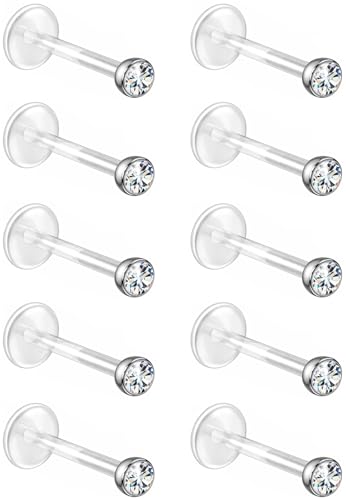 Bioflex Labret Plastic Lip Piercing Jewelry for Monroe, Medusa, Ashley and Cartilage Piercings, Tragus, Conch, Helix, Daith - 16g Clear Post Studs with Push-In CZ Crystals - color: Clear, size: 10mm