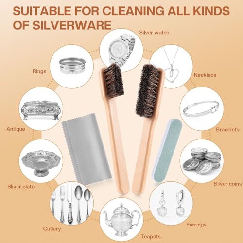 4 Pcs Horsehair Silver Cleaning Brushes Dauber Sterling Detail Polish Brush Applicator Set with Polishing Cloth for Silverware Plateware Jewelry Cleaner(Style B) - style: Style B