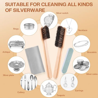 4 Pcs Horsehair Silver Cleaning Brushes Dauber Sterling Detail Polish Brush Applicator Set with Polishing Cloth for Silverware Plateware Jewelry Cleaner(Style B) - style: Style B