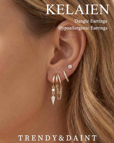 Dangle Gold Earrings for Women Trendy Triple Huggie Chain Earrings 14K Gold Plated Statement Cute Drop Dangle Earrings Dainty Hypoallergenic Chunky Hoop Earrings Fun Earring Stacks Jewelry - color: A-Spiked Chain Earrings