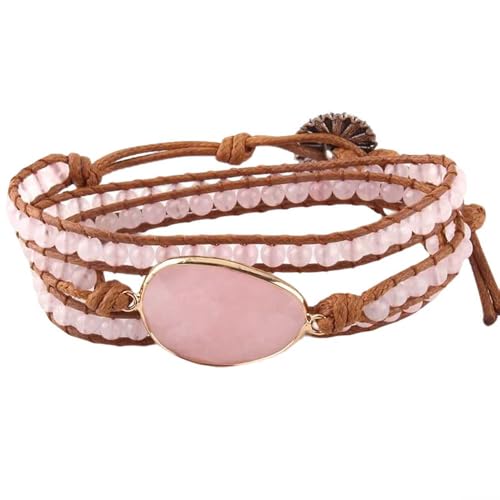 Handmade Boho Wrap Bracelets Natural Turquoise Crystal Stone Variety Beaded Strand Bracelet - color: Pink Quartz #2