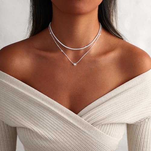 MIDEEO Gold Layered Necklaces for Women, 14K Plated Gold Sterling Silver Plated Dainty Pendant Non Tarnish Necklace Set with Cubic Zirconia,Stackable Chain Choker,Trendy Jewelry Gift