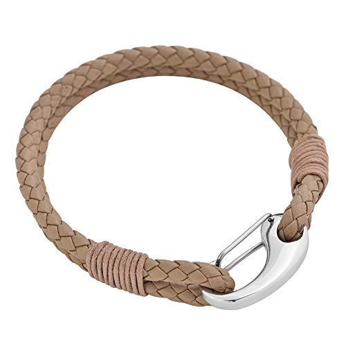 Edforce Braided Genuine Leather 2-Strand Cuff Bracelet with Stainless Steel Clasp - color: Tan
