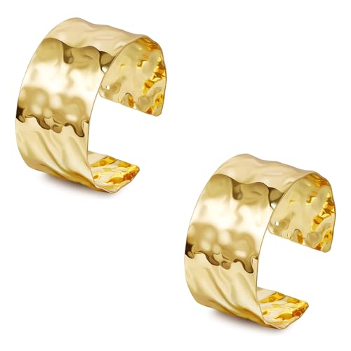 2Pcs Cuff Bangle Bracelet for Women Open Wide Bangle Bracelet Set | minimalist statement bangle bracelets，wrist cuff wrap bracelet adjustable，open wide wire grooved hammered bracelet set - color: 2PCS-Gold-E
