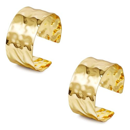 2Pcs Cuff Bangle Bracelet for Women Open Wide Bangle Bracelet Set | minimalist statement bangle bracelets，wrist cuff wrap bracelet adjustable，open wide wire grooved hammered bracelet set - color: 2PCS-Gold-E
