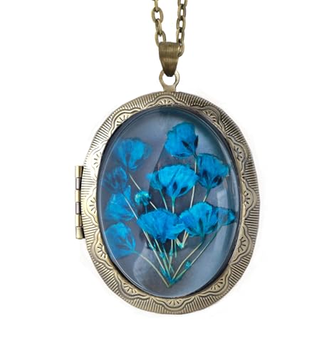 Handmade Oval Shaped Photo Locket with dried Pressed Flowers Locket pendant Necklace - style: Blue Baby's Breath