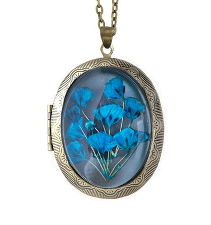 Handmade Oval Shaped Photo Locket with dried Pressed Flowers Locket pendant Necklace - style: Blue Baby's Breath