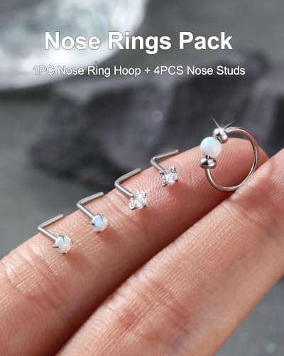 Jewseen 5Pcs Stainless Steel Nose Rings Hoops 20g Opal Nose Studs L Shaped Nose Rings Nose Piercing Jewelry Cartilage Hoop Helix Tragus Daith Earrings for Women - color: white