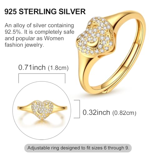 925 Sterling Silver Adjustable Rings for Women 14K Gold Plated Thumb Rings | Stackable Statement Eternity Rings Dainty Starfish Star Moon Heart Lucky Open Ring Trendy Jewelry Birthday Gifts for Ladies - color: Gold Heart Ring