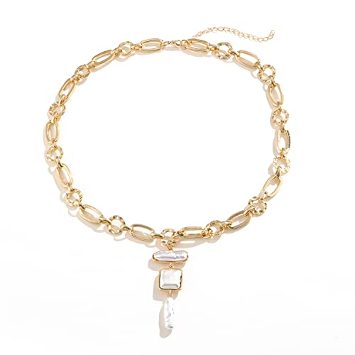 Statement Pearl and Chain Necklace,Mixed Chain and Trendy Organic Pearl Choker,Chunky Necklaces for Women