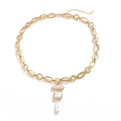 Statement Pearl and Chain Necklace,Mixed Chain and Trendy Organic Pearl Choker,Chunky Necklaces for Women