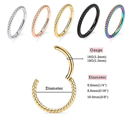 MissNity 316L Surgical Steel Hinged Nose Rings Hoop 20G 18G 16G 14G, Diameter 6mm to 10mm, Color Gold - Rose Gold - Silver - Black - Rainbow - color: C21: Gold - 1pc