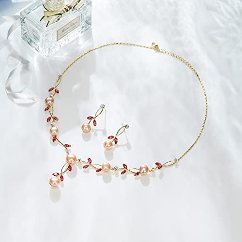 EVER FAITH Cubic Zirconia Pearl Leaf Vine Wedding Jewelry Set for Bride | Crystal Filigree Bridal Necklace Earrings, for Women Bridesmaid - color: 2pcs_Pink Gold-Plated-Brass