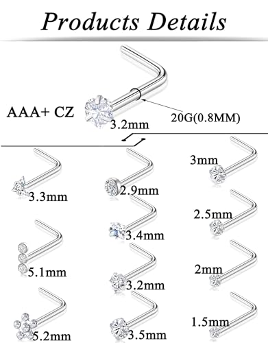 12Pcs Nose Rings Studs 20G Stainless Steel L Screw Bone Shaped Nostril Piercing Triangle Flower Square Heart Pentagram Round CZ Nose Stud Piercing Jewelry for Women Men Silver Tone - style: elegance