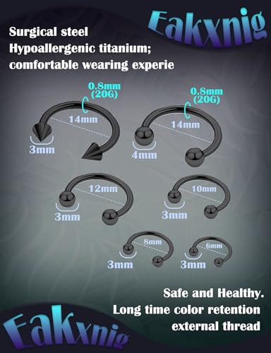 Septum Rings 18G Surgical Steel Snake Bite Jewelry Long Spike & Round Horseshoe Lip Rings Smiley Piercing Jewelry for Women Men 6mm 8mm 10mm 12mm 14mm - color: 18G Black - 6mm, 8mm, 10mm, 12mm, 14mm (1 pair each)