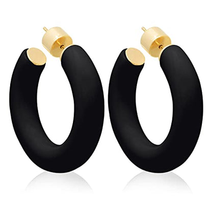 Gold Plated Multicolor Resin Chunky Thick Open Hoop Earrings in 57MM and 37.5MM Diameters - color: Black - Matte Finish, size: 37.5MM (1.48") Diameter