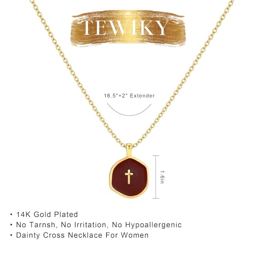 Tewiky Cross Necklace for Women 14k Gold Plated Cross Pendant Necklaces | Cute Necklaces for Women,Jewelry ,Graduation Gift for Her - color: Berry Red