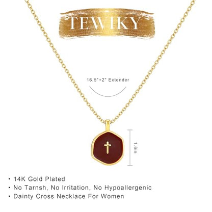 Tewiky Cross Necklace for Women 14k Gold Plated Cross Pendant Necklaces | Cute Necklaces for Women,Jewelry ,Graduation Gift for Her - color: Berry Red