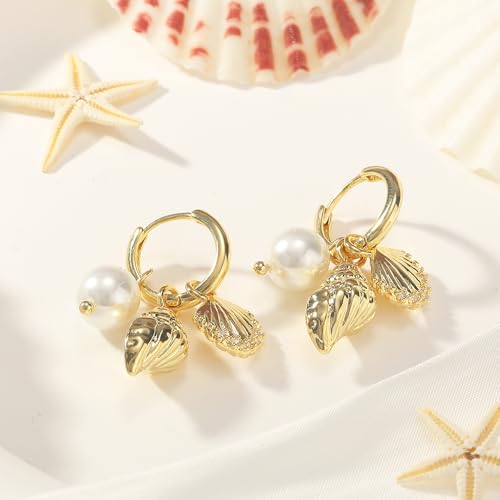 Dangle Gold Charm Earrings for Women 14K Gold Plated Bow Cherry Rose Zirconia Dragonfly Love Heart Wing Cross Pearl Conch Seashell Huggie Hoop Earring Drop Cross Trendy Party Jewelry Gifts for Women - style: Seashell and Pearl