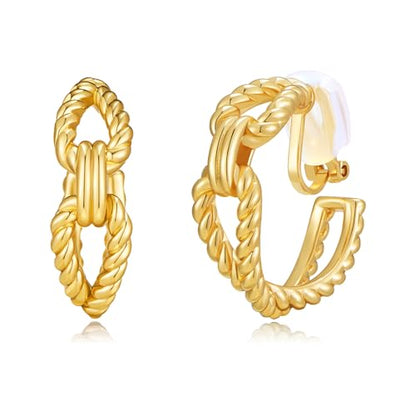 Clip on Earrings for Women Silver and Gold Plated Twisted Rope Hoops Non Pierced C Hoop Earring Lightweight Two Tone Clips Mixed Metal Jewelry Gifts - color: Eternity Hoop-gold