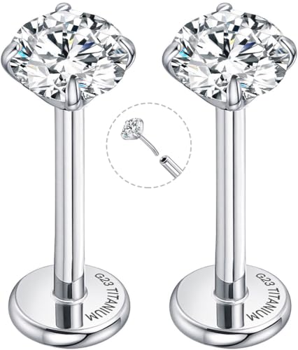 Threadless Flat Back Earrings for Tragus, Helix, Conch, Daith, Cartilage Piercings - G23 Titanium Flatback Stud Earrings with Grade AAAAA Cubic Zirconia - Threadless Flat Back Nose Stud Push Pin Ring Earring Studs (18g, 16g, 20g - 6mm, 8mm) - color: Silve