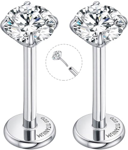 Threadless Flat Back Earrings for Tragus, Helix, Conch, Daith, Cartilage Piercings - G23 Titanium Flatback Stud Earrings with Grade AAAAA Cubic Zirconia - Threadless Flat Back Nose Stud Push Pin Ring Earring Studs (18g, 16g, 20g - 6mm, 8mm) - color: Silve