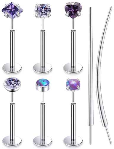 F136 Titanium 20/18/16g Internally Threaded Medusa Monroe Lip Ashley Labret Nose Rings Flat Back Tragus Helix Cartilage Conch Screw Stud Earrings Surgical Steel Piercing Jewelry for Women - color: Purple CZ, size: 16g*3/8in