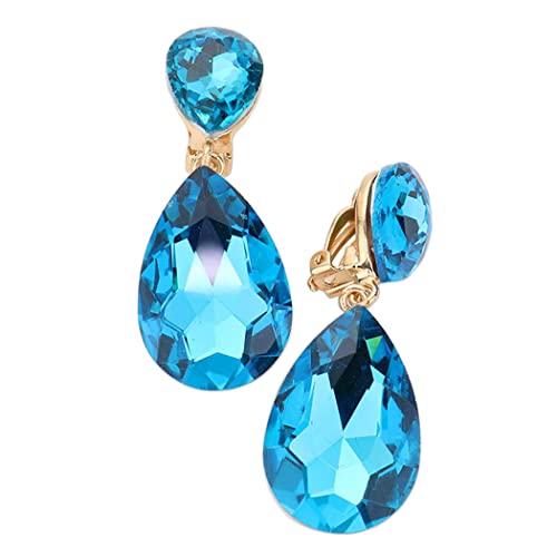 Rosemarie & Jubalee Women's Double Teardrop Statement Glass Crystal Rhinestone Dangle Clip On Bridal Earrings, 2" - color: Turquoise Blue Crystal Gold Tone