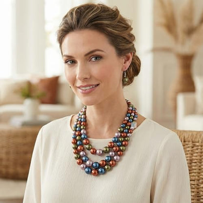 Simulated Pearl Necklace & Earring Set, Multi Strand - color: Dark Multi